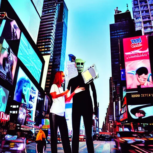 Image similar to an alien and a robot taking a selfie together in new york, times square, digital art by bob eggelton and jim burns