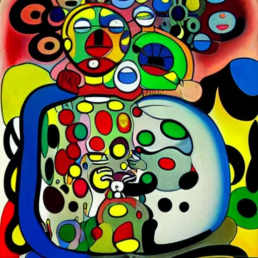 Image similar to Oil painting by Roberto Matta. Strange mechanical beings kissing. Portrait by Takashi Murakami. Joan Miro.