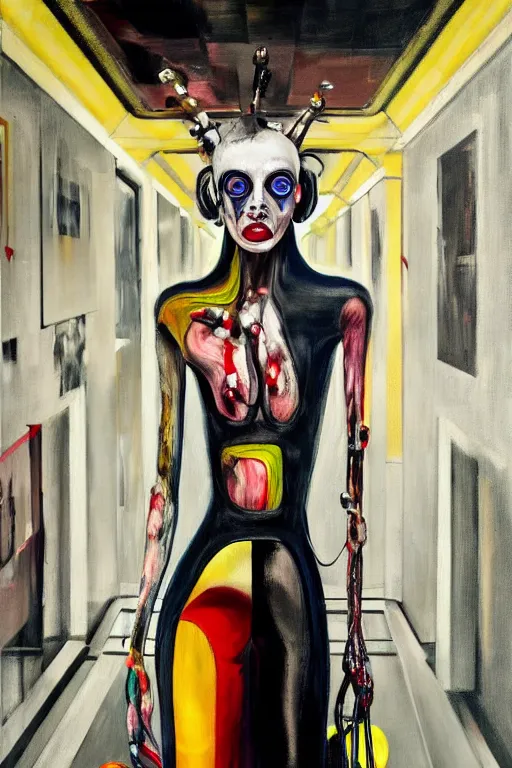 Image similar to crazy fashion catwalk, latex, constructivism, freak show, one model, crazy clothes, biopunk style, horror, hauntingly surreal, highly detailed painting by francis bacon, edward hopper, adrian ghenie, gerhard richter, and james jean 4 k