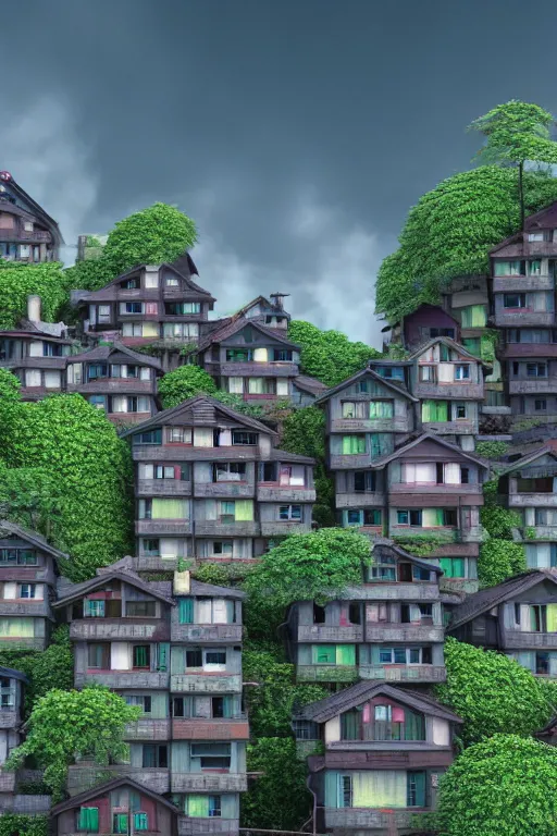 Image similar to stacked houses, solarpunk, francois schuiten, studio ghibli, octane render, 4 k