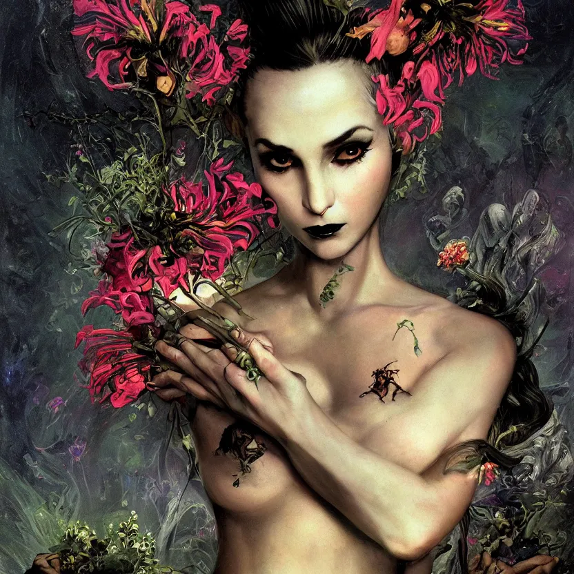 Prompt: baroque neoclassicist close - up sci - fi portrait of female elf nymph overgrown with flowers and big glowing eyes. iridescence. dark black ominous background, glowing atmosphere. highly detailed science fiction horror fantasy painting by norman rockwell, frank frazetta, and syd mead. rich colors, high contrast, gloomy atmosphere. trending on artstation and behance.