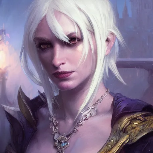 Image similar to closeup portrait of drow, dungeons and dragons character, dramatic lighting, castle background, gorgeous view, realistic, high detail, digital art, painted by greg rutkowski, painted by jeremy mann, painted by alphonse mucha, trending on artstation