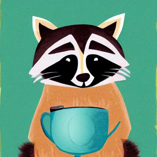 Prompt: raccoon with cup of tea by cozy fireplace, childrens book illustration, in the style of eric carle,