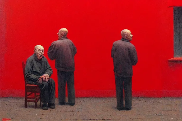 Image similar to only with red, a red old man try to sell a portrait, cheering crowd, in a old city square, in the style of beksinski, parts by edward hopper, parts by rodcenko, parts by yue minjun, intricate and epic composition, red by caravaggio, insanely quality, highly detailed, masterpiece, red light, artstation, 4 k