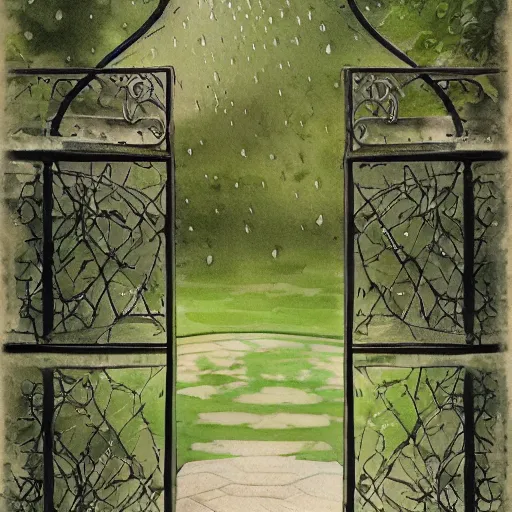 Image similar to delicate rain, symmetric, chairs, garden, paved, botanic watercolors, iridescent, 8 k, realistic shaded, fine details, artstation, italian, iron gate, tree, mediterranean