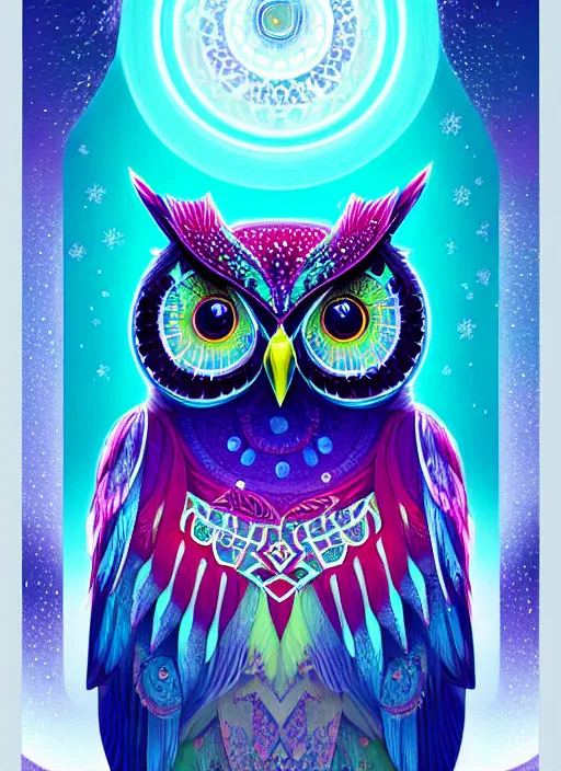 Image similar to symmetry!! product render poster vivid colors divine proportion owl, ice and snow, glowing fog intricate, elegant, highly detailed, digital painting, artstation, concept art, smooth, sharp focus, illustration,