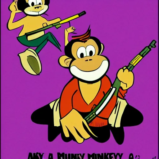 Image similar to monkey wielding two ak - 4 7 s, style of 1 9 2 0 s disney cartoon