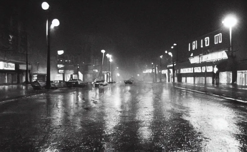 Image similar to 70s movie still of a soviet street from Sarajevo with cars and pedestrian , Cinestill 800t 18mm beuatiful black and white, heavy grainy picture, very detailed, high quality, 4k panoramic, cinematic, neon billboards and streetlight at night, rain, mud, foggy, cloudy