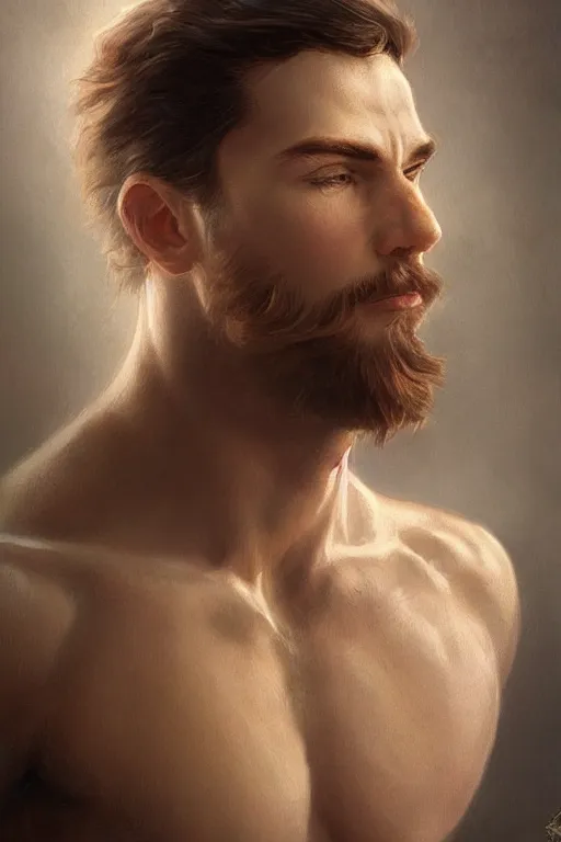 Image similar to Young man, no beard, muscular upper body, D&D, fantasy, realistic physic, accurate hyper-realistic body, elegant, highly detailed, digital painting, artstation, concept art, smooth, sharp focus, illustration, art by artgerm and greg rutkowski and alphonse mucha