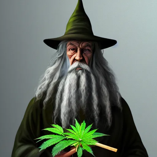 Prompt: Gandalf holding a marijuana plant, digital art, highly detailed, trending on artstation
