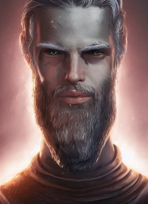 Prompt: an epic fantastic realism comic book style portrait painting of an aasimar paladin, male, shaggy silver hair, short brown beard, intense face, d & d concept art, unreal 5, daz, petrol aesthetic, octane render, cosplay, rpg portrait, dynamic lighting