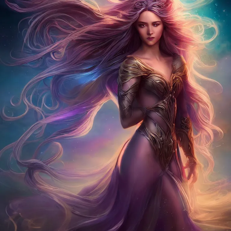 Prompt: beautiful cinematic fantasy poster, a long shot of a beautiful princess like a disney princess hybrid with flowing illuminated hair, beautiful glowing galaxy eyes, full subject in frame, wideshot ultrawide angle epic scale, hybrid from The Elden Ring and art direction by Darius Zawadzki ;by artgerm; wayne reynolds art station; cinematic quality character render; low angle; ultra high quality model; production quality cinema model;