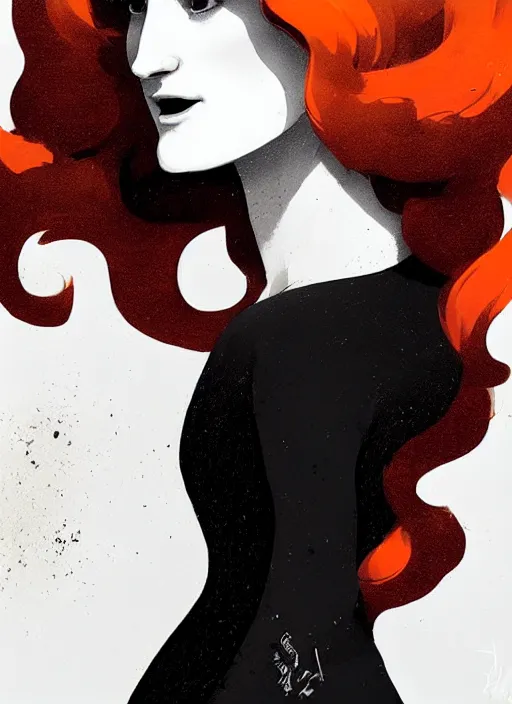 Image similar to highly detailed closeup portrait of beautiful grace gummer as dom dipierro, wavy ginger hair, black dress, by atey ghailan, by greg rutkowski, by greg tocchini, by james gilleard, by joe fenton, by kaethe butcher, gradient orange, black and white color scheme, grunge aesthetic!!! ( ( graffiti tag wall background ) )