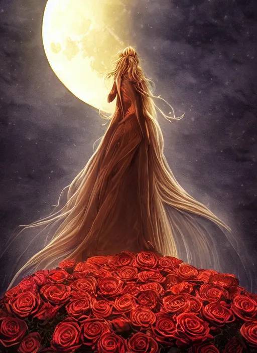 Image similar to glowing golden elements at frame borders, portrait, A beautiful dark witch in front of the full big moon, book cover, red roses, red white black colors, establishing shot, extremly high detail, foto realistic, cinematic lighting, pen and ink, intricate line drawings, by Yoshitaka Amano, Ruan Jia, Kentaro Miura, Artgerm, post processed, concept art, artstation, matte painting, style by eddie, raphael lacoste, alex ross