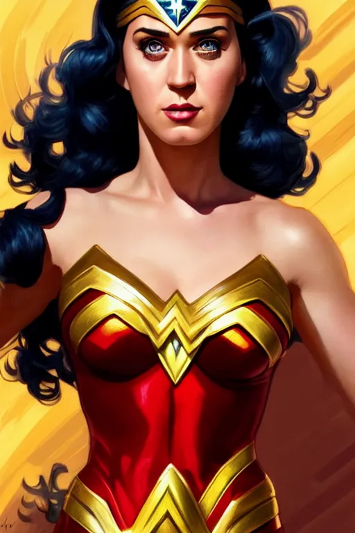 Prompt: katy perry as wonder woman, realistic portrait, symmetrical, highly detailed, digital painting, artstation, concept art, smooth, sharp focus, illustration, cinematic lighting, art by artgerm and greg rutkowski and alphonse mucha