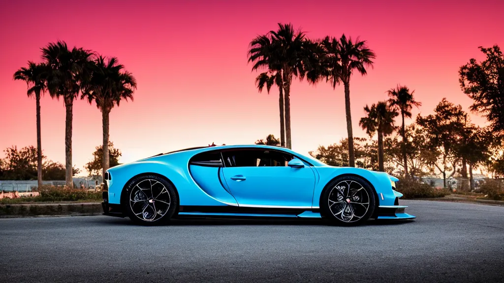 Image similar to synthwave bugatti chiron at sunset, 8 k. filling of the view