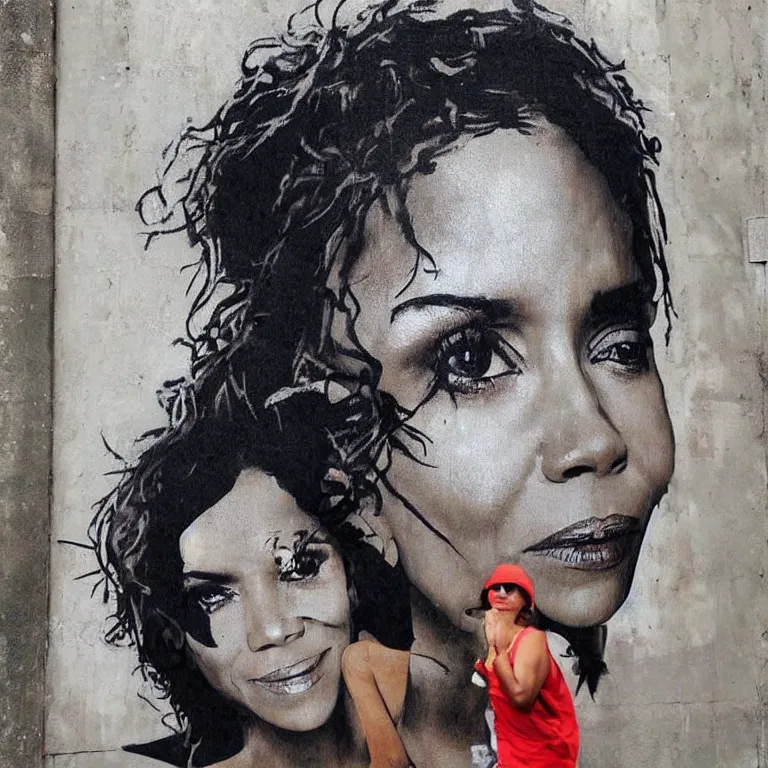 Prompt: Street-art portrait of Halle Maria Berry in style of Banksy, photorealism