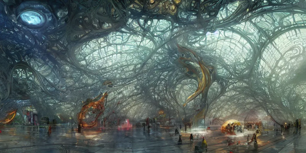 Prompt: a beautiful insanely detailed modern metro station surounded by intricate detailed color smashing fluid oilpaint, 3 d render, hyper realistic detailed, sharp, melting wax, fluid acrilic, thin fractal tendrils, intense colors, scifi, fantasy, hyper detailed, octane render, concept art, by peter mohrbacher, by wlop, by ruan jia