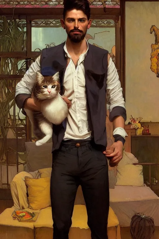 Prompt: full body portrait of a single beautiful young fit man, modern haircut, open shirt, large pants, holding a kitty in his arms, by greg rutkowski and alphonse mucha, d & d character, in front of a modern room background, highly detailed portrait, digital painting, artstation, concept art, smooth, sharp focus ilustration, artstation hq