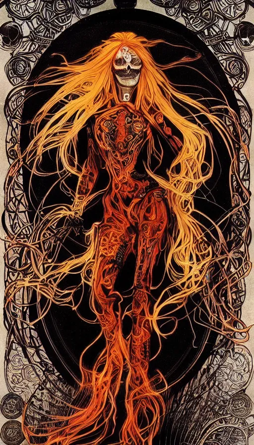 Image similar to a finely detailed beautiful!!! feminine cyberpunk ghost rider with skull face and long flowing hair made of fire and flames, dressed in black leather, by Alphonse Mucha, designed by H.R. Giger, legendary masterpiece, stunning!, saturated colors, black background, full body portrait, zoomed out to show entire image, trending on ArtStation