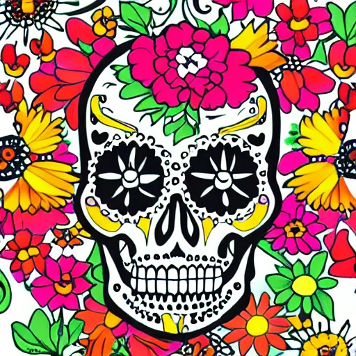 Image similar to a catrina skull covered in flowers, colorful illustration