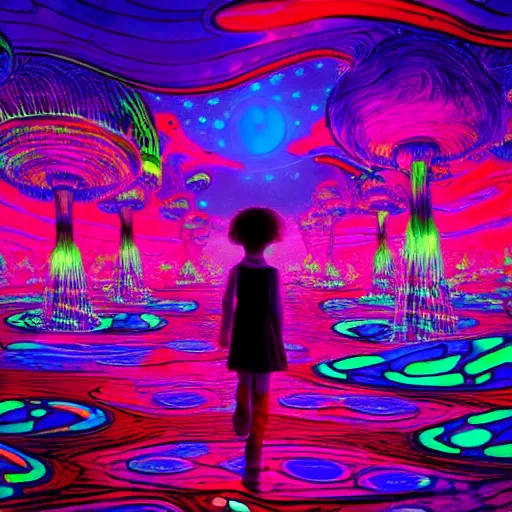 Image similar to Little girl wandering among many giant glowing mushrooms, Neon colors, psychedelic art, trippy, 4k, HQ, Trending on Artstation