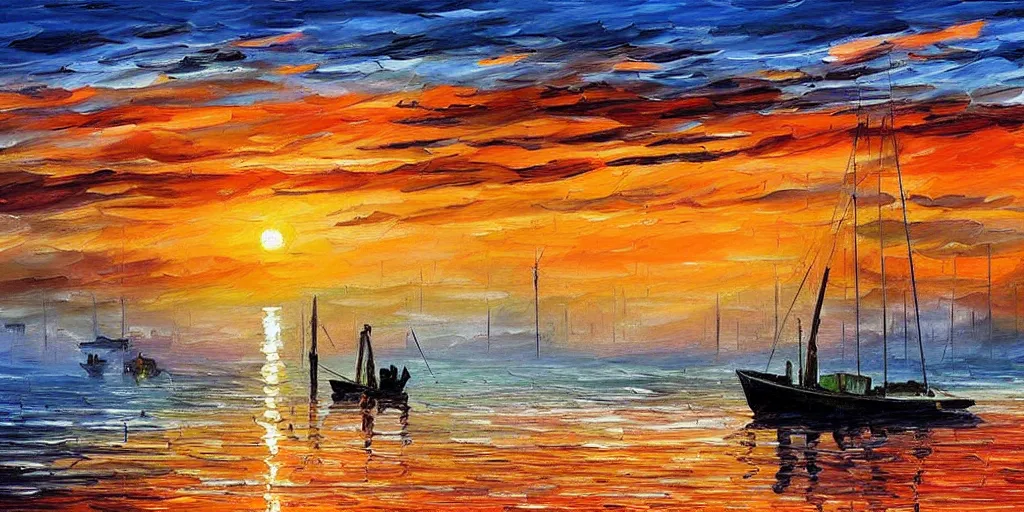 Image similar to rising sun ( ( ( fishing cormorant, fishing boat ) ) ) on the bay, by leonid afremov and moebius