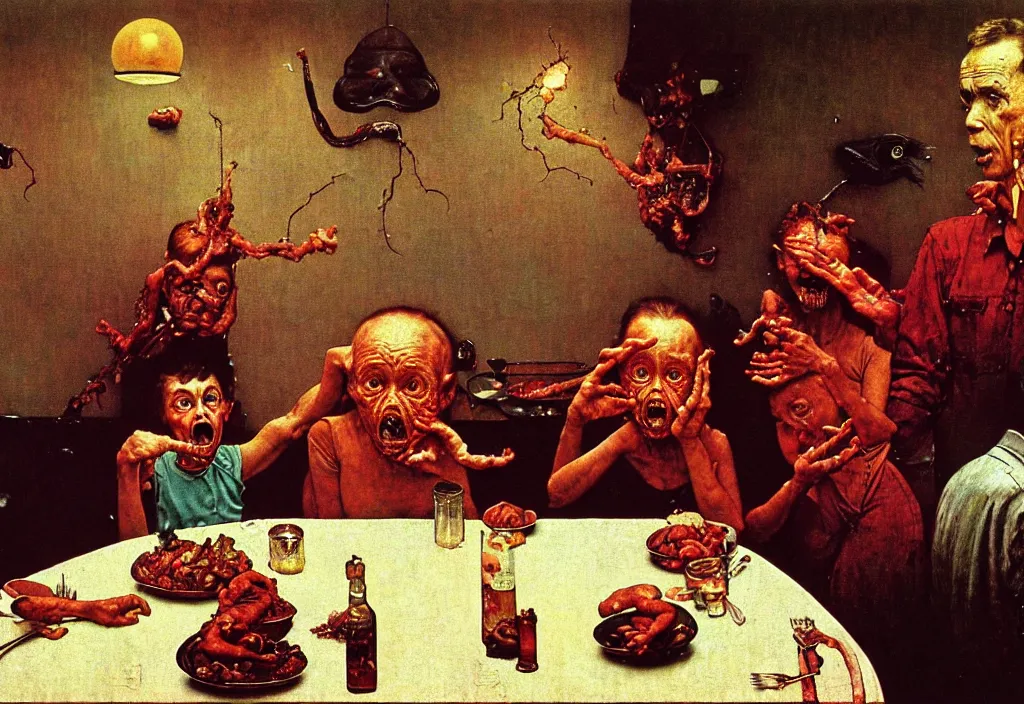 Prompt: A Norman Rockwell painting of a family losing their grip on reality during a Christmas dinner, by Zdzisław Beksiński, horror, cosmic horror, cinematic, 8k