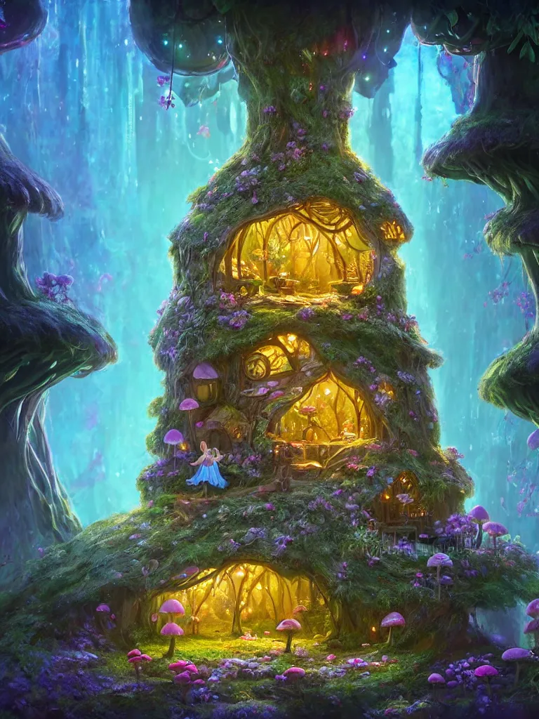 Prompt: the interior of a celestial dainty fairy cottage in a bioluminescent tree trunk decorated beautifully, lots of cute fairy design elements like toadstool mushrooms and cyberpunk robots, warm sunlight shining in, lots of plants and flowers, concept art 8 k resolution, fantasy illustration, sharp focus, detailed painting, deep color, volumetric lighting, crepuscular rays
