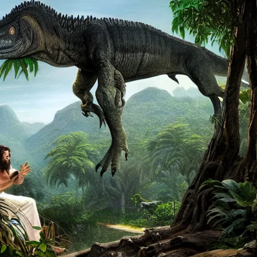 Image similar to a detailed matte painting of a ridiculously good looking jesus who is best friends forever with a tyrannosaurus rex, elegant ancient greek dress, jungle as the background, drinking a martini, very detailed, beautiful, intricate, art by greg rutkowski and robert e howard, octane render