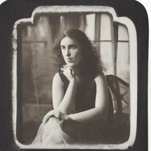 Image similar to tintype, smoke offhand by ossip zadkine. a beautiful photograph of a woman with long curly hair, wearing a white dress & sitting in a chair in front of a window with a view of a mountainside.