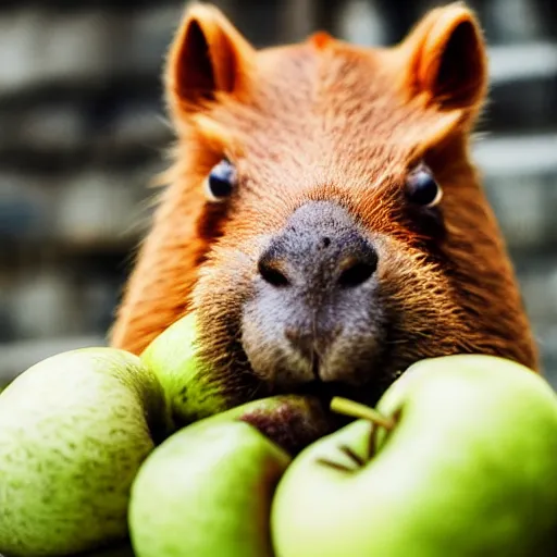 Prompt: professional photo of a capybara eating an apple, 4k