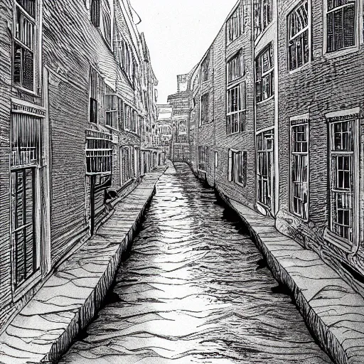 Prompt: water flowing through the streets in old city, sideview, drawing by moebius