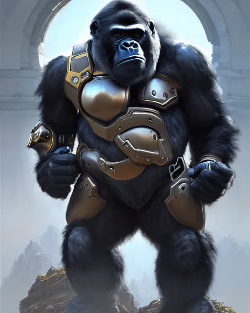 Prompt: winston the gorilla in his armor from overwatch, character portrait, portrait, close up, concept art, intricate details, highly detailed by greg rutkowski, michael whelan and gustave dore