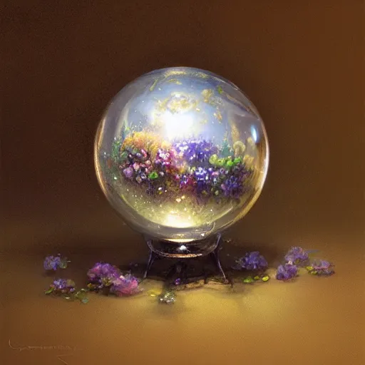 Prompt: concept art, glass ball decorated with flowers, by james gurney, greg rutkowski, john howe, artstation