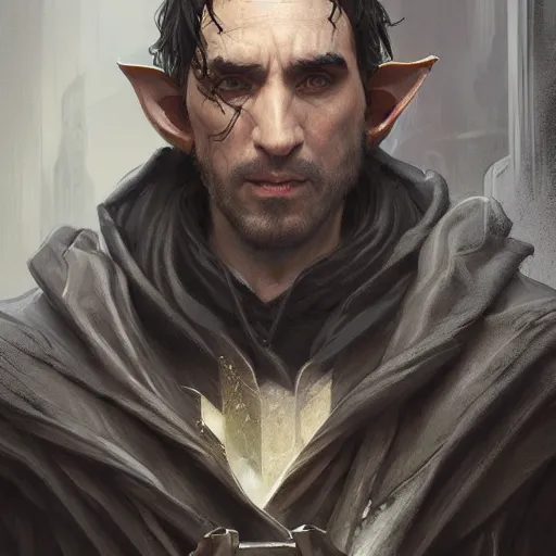 Prompt: portrait of a hooded half - elf middle aged man with black hair in a suburb, strong, angry, fantasy, highly detailed, digital painting, artstation, concept art, character art, art by greg rutkowski and tyler jacobson and alphonse mucha