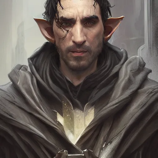 Image similar to portrait of a hooded half - elf middle aged man with black hair in a suburb, strong, angry, fantasy, highly detailed, digital painting, artstation, concept art, character art, art by greg rutkowski and tyler jacobson and alphonse mucha