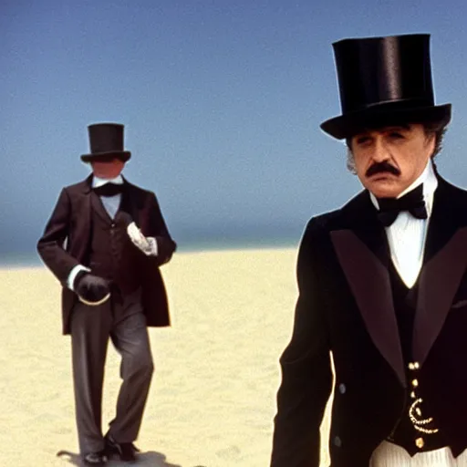 Prompt: the godfather wears a top hat. 5 0 mm, cinematic, technicolor. sea and beach in the background