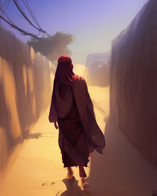 Image similar to beautiful bedouin walking to mosque, detailed portrait, cell shaded, 4 k, vivid colours, concept art by wlop, ilya kuvshinov, artgerm, krenz cushart, greg rutkowski, pixiv. cinematic dramatic atmosphere, sharp focus, volumetric lighting, cinematic lighting, studio quality