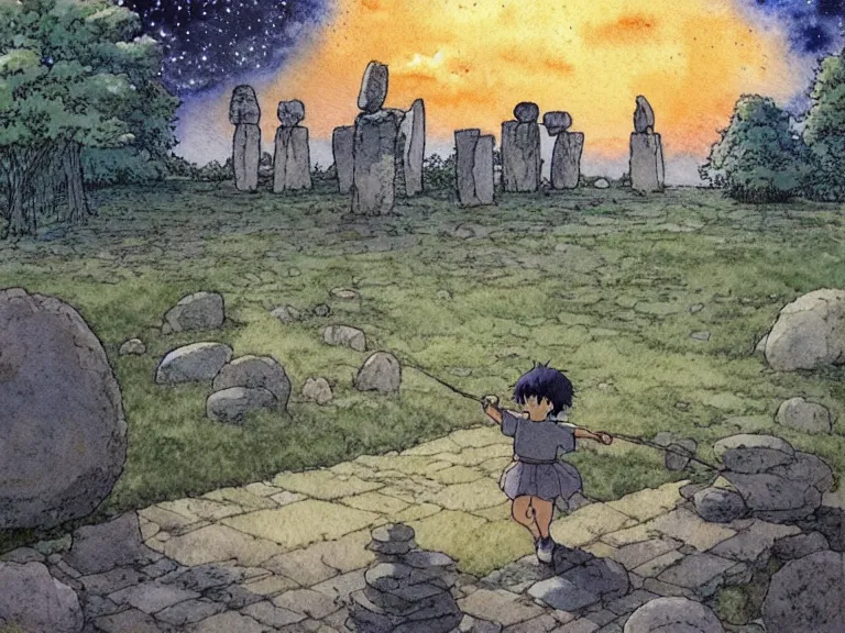 Image similar to a simple watercolor studio ghibli movie still fantasy concept art of a giant kid playing with stones like they are toys in stonehenge. it is a misty starry night. by rebecca guay, michael kaluta, charles vess