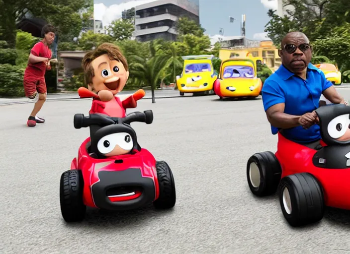 Image similar to peter dinklage racing gary coleman driving a little tikes cars, movie still, from the new fast and furious movie, 8 k, realistic