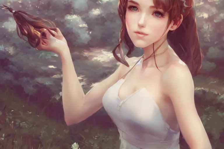 Image similar to a beautiful girl by the cottage in the country, by Artgerm Lau and Krenz Cushart，hyperdetailed, trending on artstation, trending on deviantart