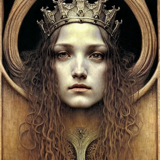 Prompt: detailed realistic beautiful young medieval queen face portrait by jean delville, gustave dore, zdzisław beksinski and marco mazzoni, art nouveau, symbolist, visionary, gothic, pre - raphaelite, memento mori, horizontal symmetry