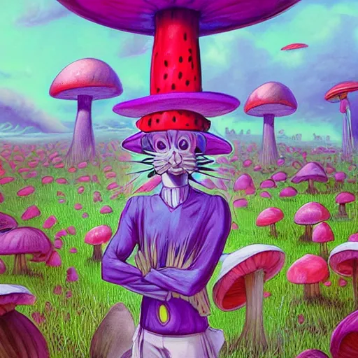 Image similar to 4 k headshot portrait of a psychedelic demonic anthropomorphic bunny rabbit with mushroom themed clothes, magic mushroom village in background by jeff easley, award winning, stylized neon, post - processing, masterpiece, superb resolution. in the art style of junji ito and greg rutkowski. detailed mushroom city in background. hyper realistic anime. perfect art. dalle 2