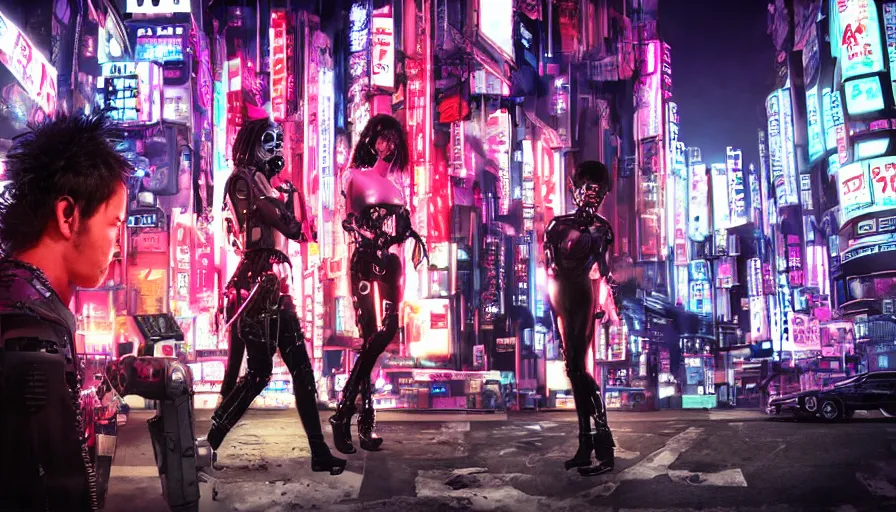 Image similar to ( ( ( sci - fi mafia ) ) ) futuristic half musician half cyborg cyberpunk neopunk horror electronic rock band photo, five people, dressed like cyberpunk horror characters, neon signs, futuristic buildings in the background, tokyo at night, photographic quality, hyper - realistic, daylight, medium format uhd style, fifth element by jean - luc goddard