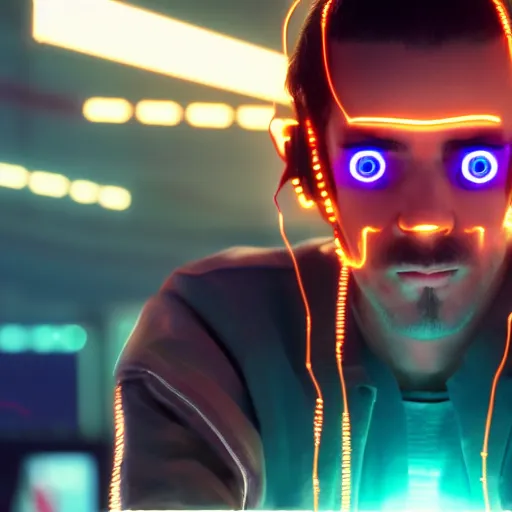 Image similar to a man sitting in front of a computer screen, glow on face, connected with wires to computer, https://i.ibb.co/Wz2Fw91/sebastian-szmyd-vhs-cyberpunk-2.jpg