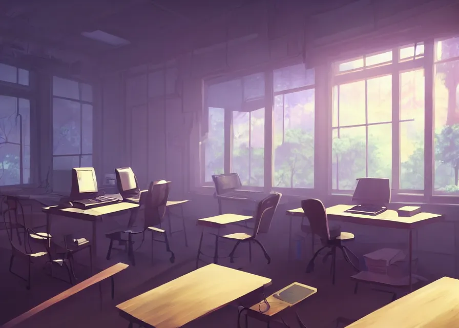 Prompt: interior of a room with old pc computers stacked on a desk and trees outside the window, makoto shinkai, dusty, matte painting