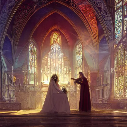 Image similar to a beautiful and detailed matte painting of a lesbian wedding between evil pyromancer and a red mage, unholy union, white church background, god rays, sharp focus, highly detailed, cinematic lighting, 8 k, smooth render, vector illustration, award winning, by adolf hiremy - hirschl and greg rutkowski and alphonse mucha