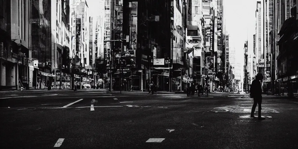 Image similar to city street, a person in center frame, future retro, cinematic, atmospheric, underexposed, long lens, cinematography by greig fraser