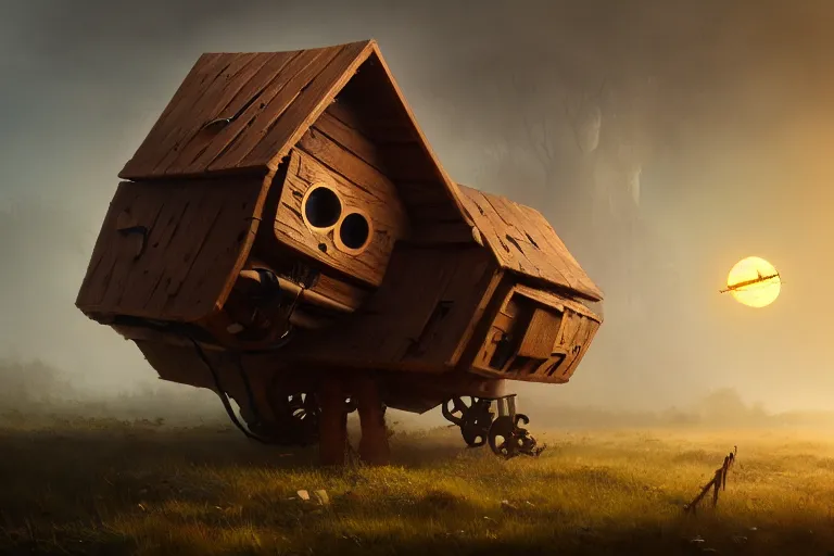 Image similar to a walking wood house with two mechanical legs, rust, hyperrealistic, highly detailed, cinematic, single ray of sun, fog, beautiful, cgssociety, artstation, 8 k, oil painting